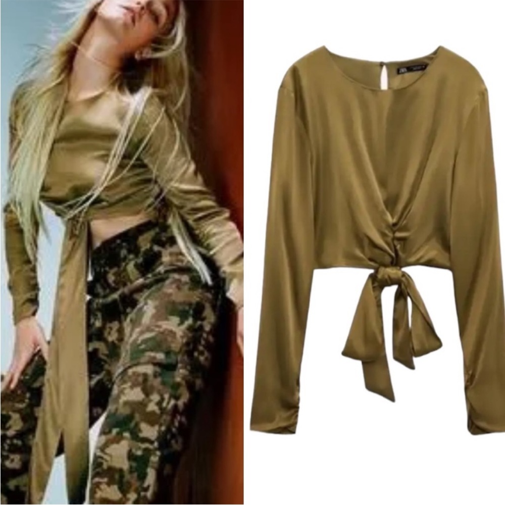 Worn once Zara Olive Green Satin Tie Front Bow Cropped blouse size S